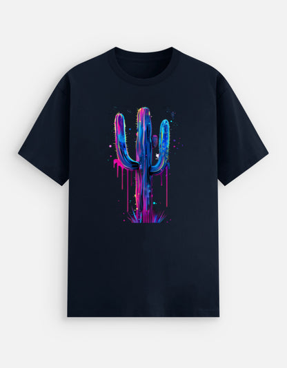 Alpha Hue men's stretch t-shirt in black with colorful neon cactus graphic print