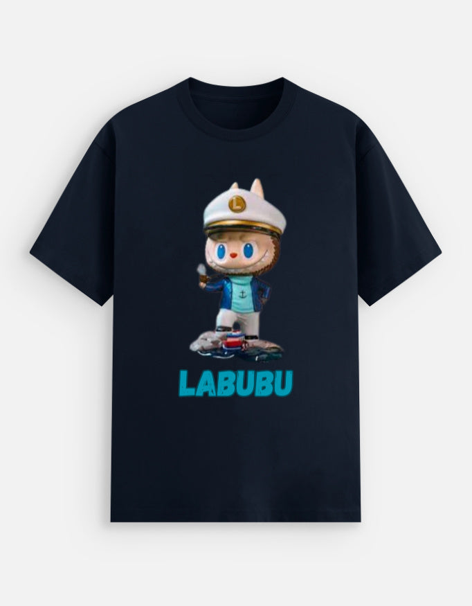 ALPHA HUE men's stretch t-shirt in black with cartoon sailor graphic and LABUBU text