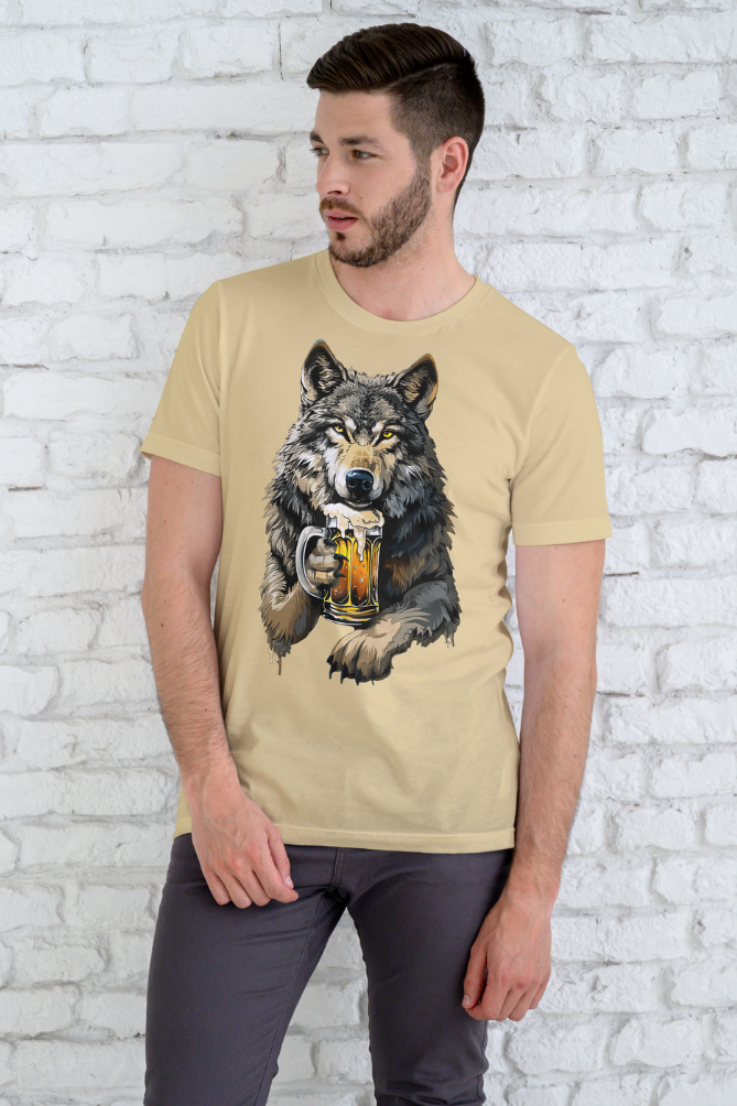 Men's Supima cotton t-shirt by alpha hue with wolf holding beer mug graphic in beige color