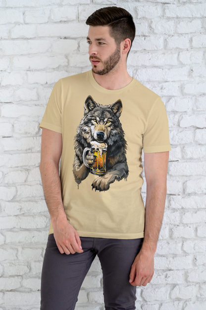 Men's Supima cotton t-shirt by alpha hue with wolf holding beer mug graphic in beige color