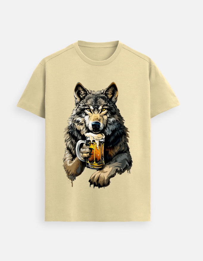Alpha Hue beige unisex Supima T-shirt featuring a wolf holding a beer mug men's Supima cotton t-shirt