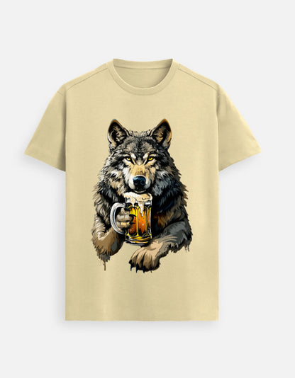 Alpha Hue beige unisex Supima T-shirt featuring a wolf holding a beer mug men's Supima cotton t-shirt