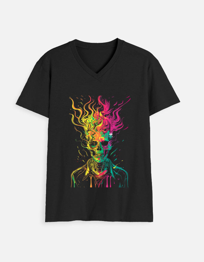 alpha hue men’s v neck ghost rider graphic tee in black with colorful flaming skull design