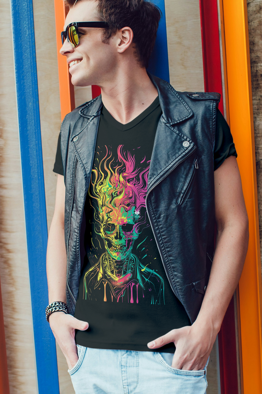 Alpha hue men’s v neck ghost rider graphic tee featuring colorful flaming skull design