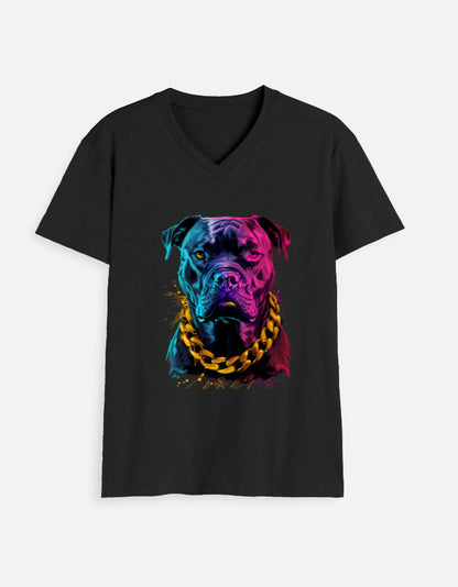 Alpha Hue men's v neck t shirt in black with colorful dog graphic and gold chain necklace design