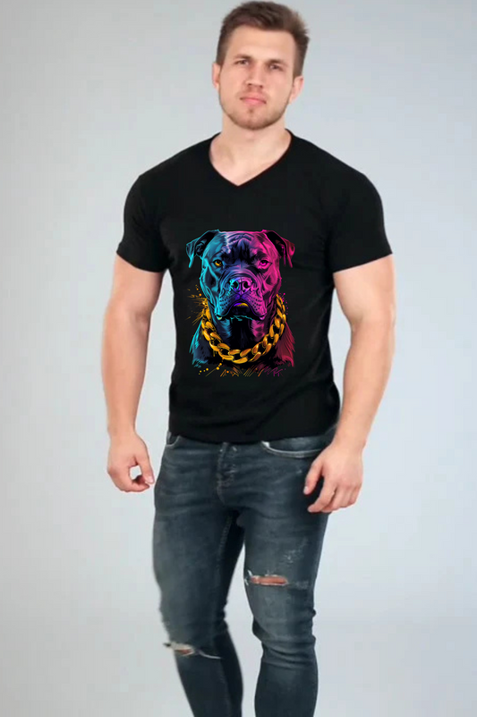 Alpha hue men's v neck t shirt featuring a colorful dog graphic and gold chain design
