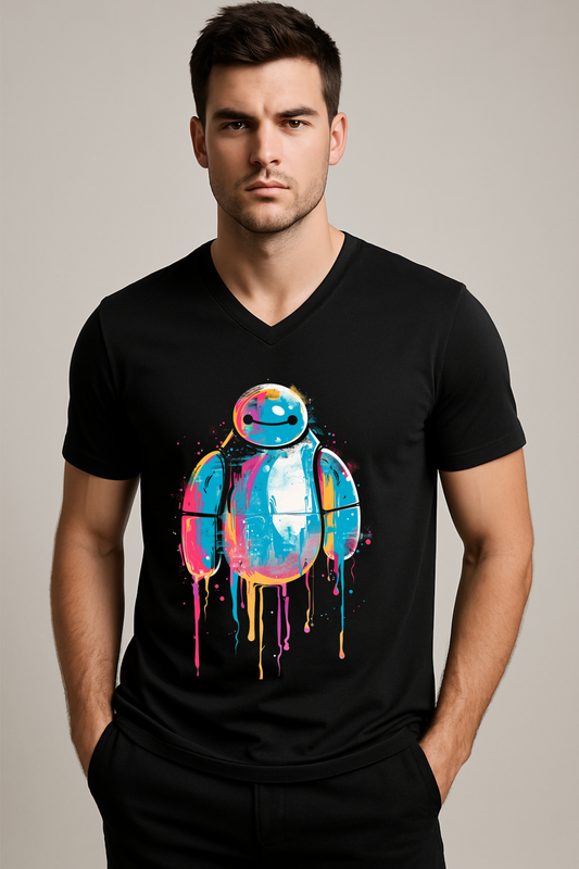 Alpha hue men's v neck t shirt in black with colorful robot graphic on front