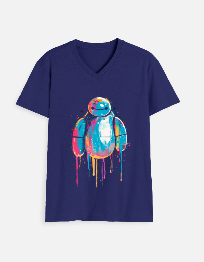 Alpha hue men's v neck t shirt in navy with colorful abstract robot graphic on front