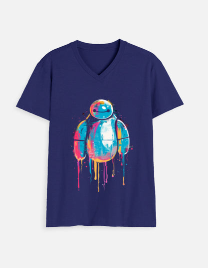 Alpha hue men's v neck t shirt in navy with colorful abstract robot graphic on front