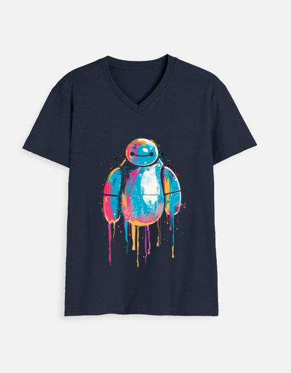 Alpha Hue men's v neck t shirt in navy with colorful robot graphic print
