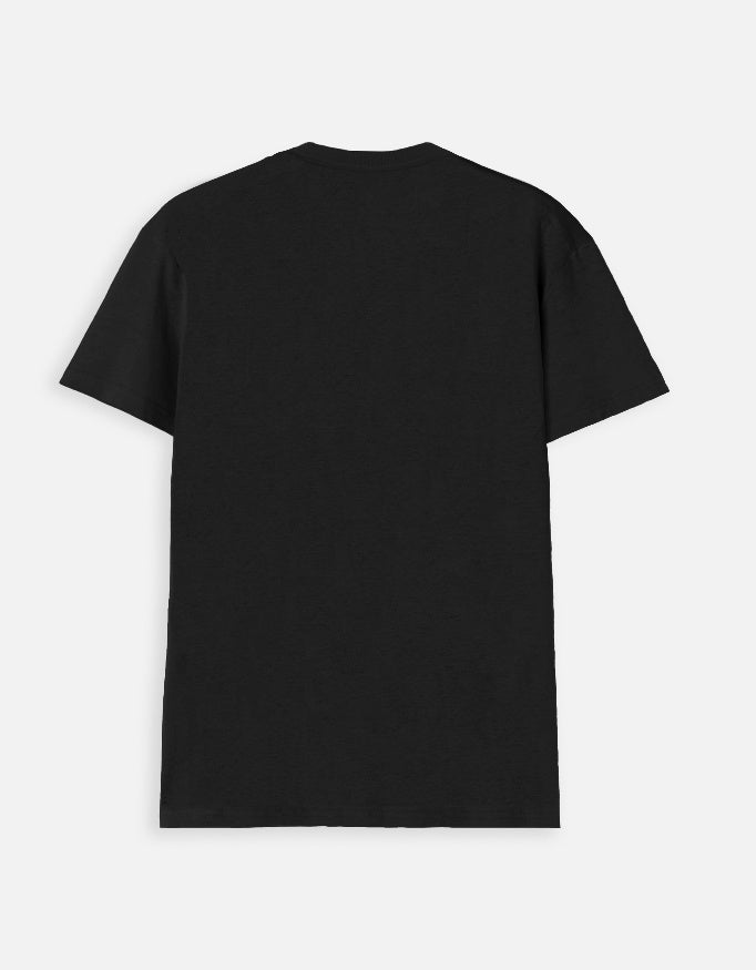 Black men's V neck tshirt by alpha hue shown from the back with short sleeves and solid color