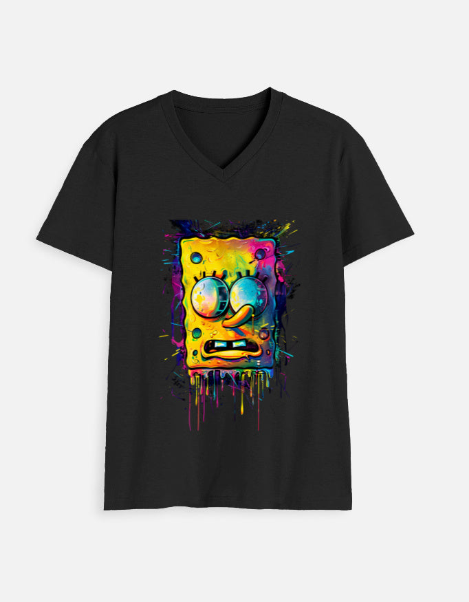 Alpha hue men's V neck tshirt in black with colorful abstract cartoon graphic design