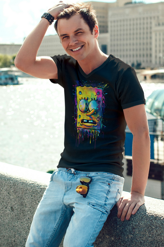 Alpha hue men's V neck tshirt with colorful graphic design worn by smiling man outdoors