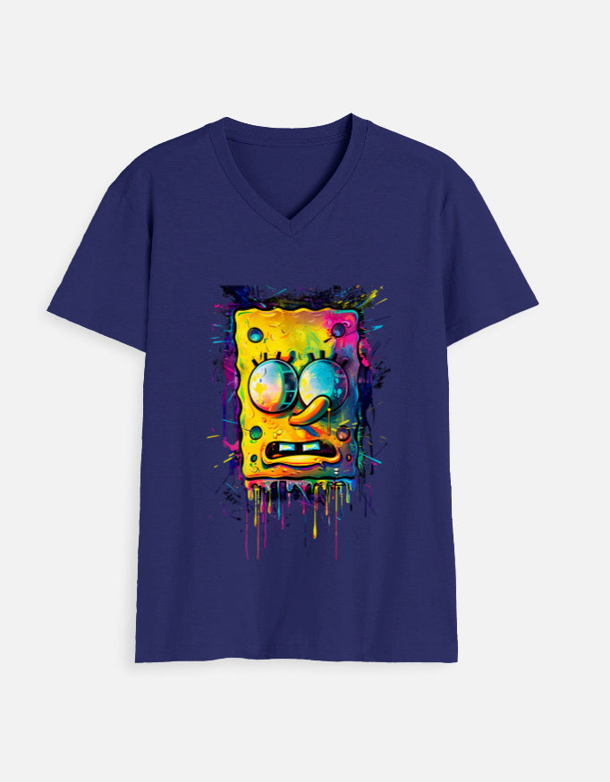 Alpha hue men's V neck tshirt in navy blue with colorful abstract cartoon graphic design