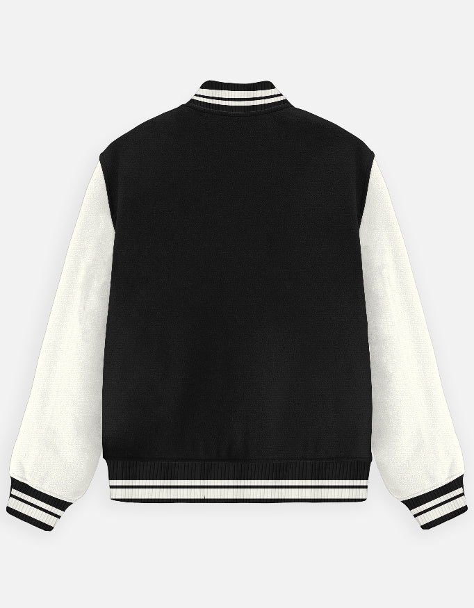 Alpha Hue men's varsity jacket in black with white sleeves and striped collar and cuffs