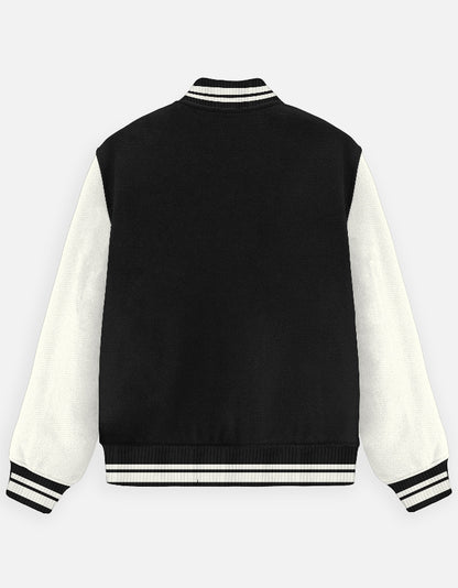 Alpha Hue men's varsity jacket in black with white sleeves and striped collar and cuffs
