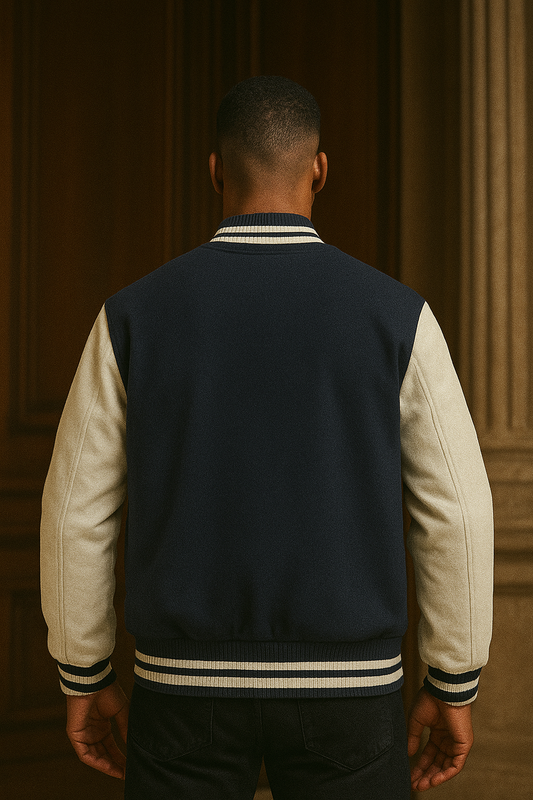 Back view of alpha hue men's varsity jacket with navy body and cream sleeves on male model