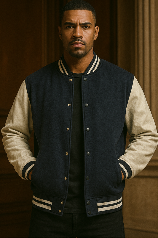 Alpha Hue men's varsity jacket with navy body and beige sleeves in classic unisex style