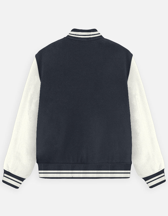 Alpha hue men's varsity jacket with navy body and white sleeves in classic varsity style
