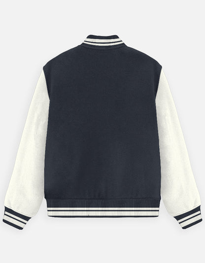 Alpha hue men's varsity jacket with navy body and white sleeves in classic varsity style