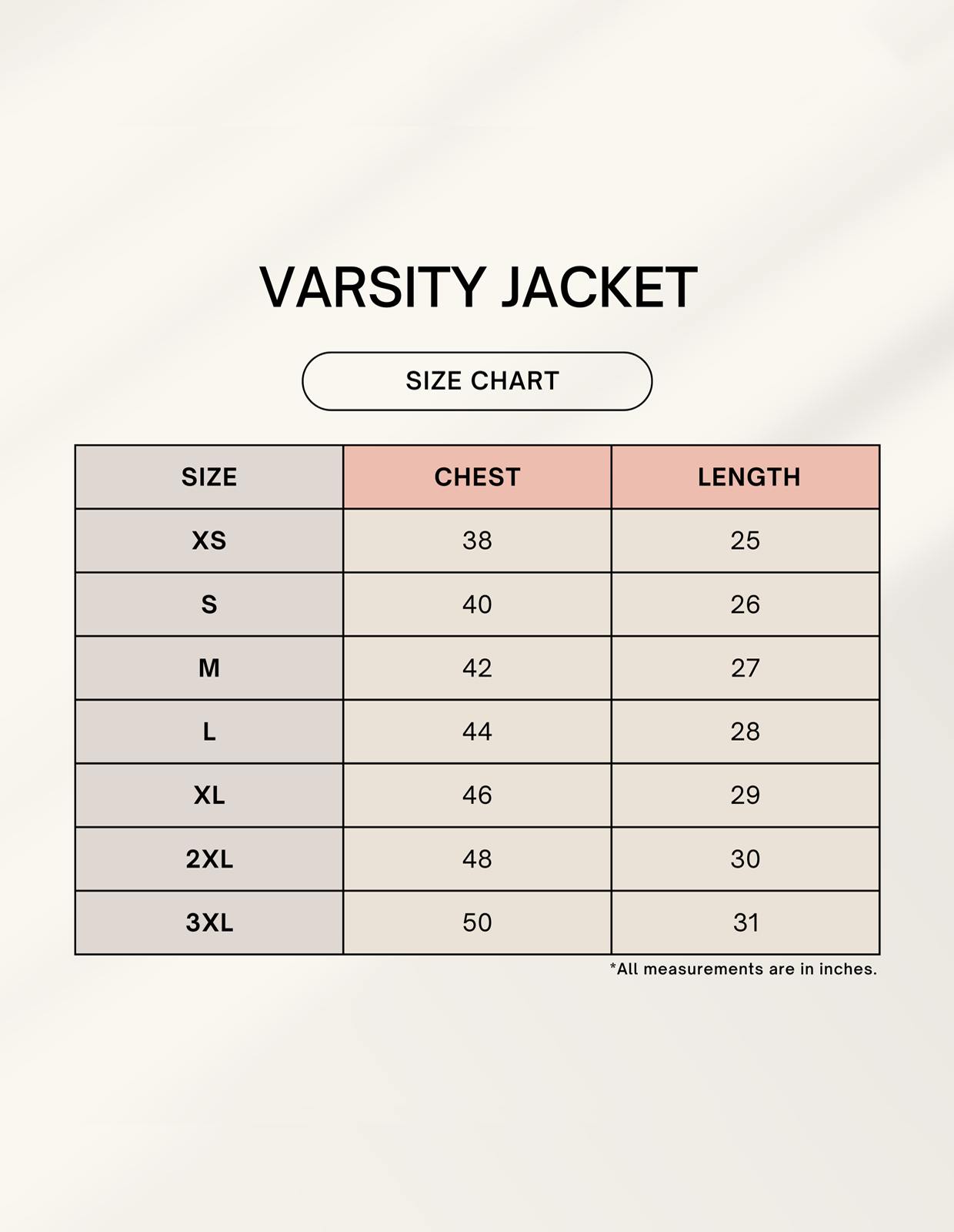 Alpha hue size chart for men's varsity jacket showing chest and length measurements in inches from XS to 3XL