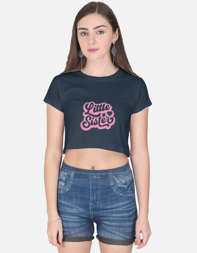 Alpha Hue women's graphic crop top in navy with pink Little Sister text design