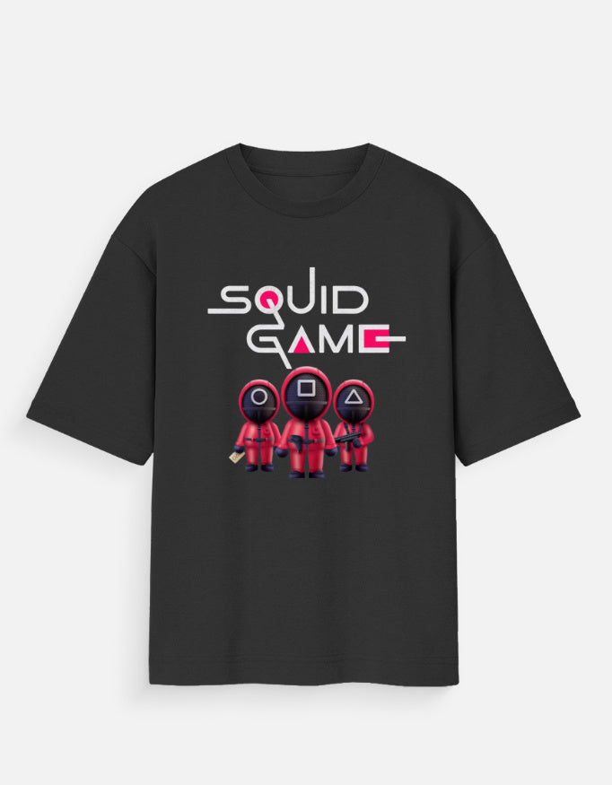 Black oversized squid game shirt women with graphic red guards and white logo design