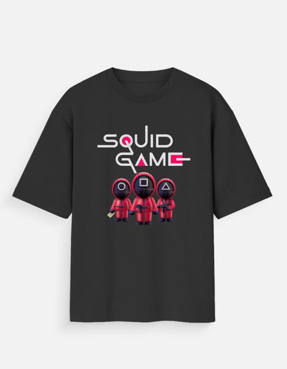 Black oversized squid game shirt women with graphic red guards and white logo design