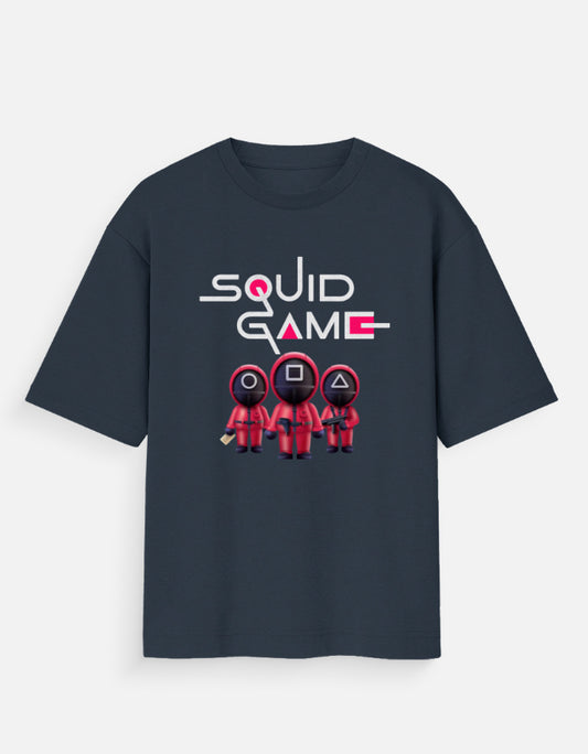 Alpha Hue oversized squid game shirt women with red character design on dark oversized t-shirt