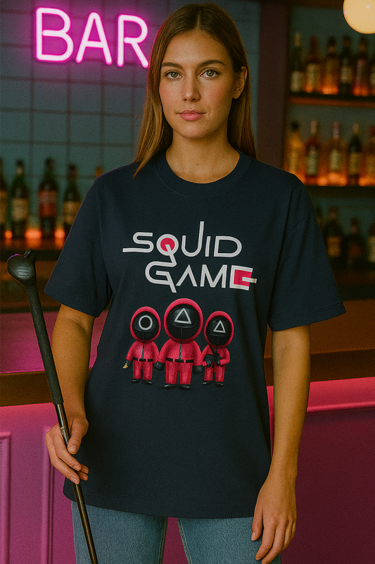 ALPHA HUE oversized squid game shirt women with black background and red character designs