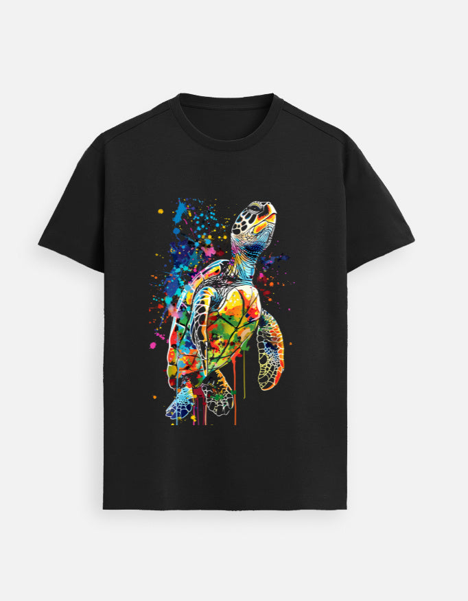 Alpha Hue men Supima T-Shirt featuring a colorful premium cotton sea turtle shirt design on black fabric