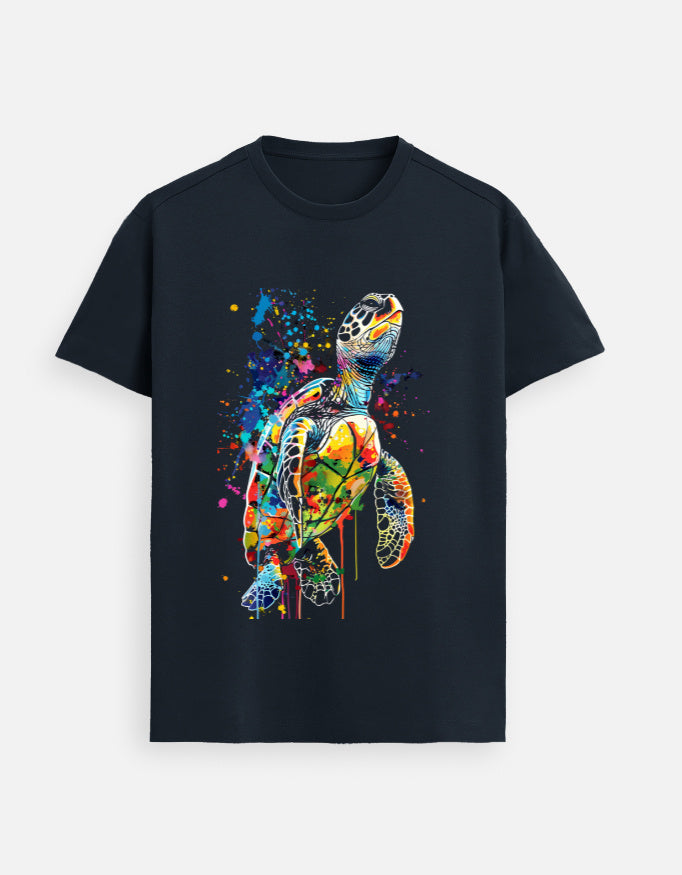 Alpha Hue men Supima T-Shirt featuring a colorful premium cotton sea turtle shirt design on navy fabric