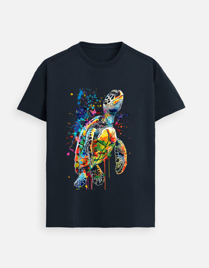 Alpha Hue men Supima T-Shirt featuring a colorful premium cotton sea turtle shirt design on navy fabric