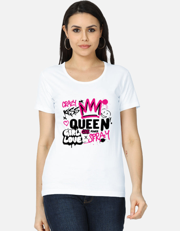 Alpha Hue queen print t-shirt for women in white with pink and black graphic design