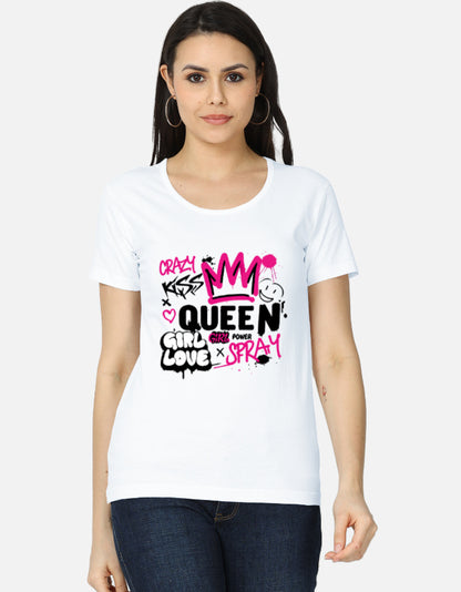 Alpha Hue queen print t-shirt for women in white with pink and black graphic design