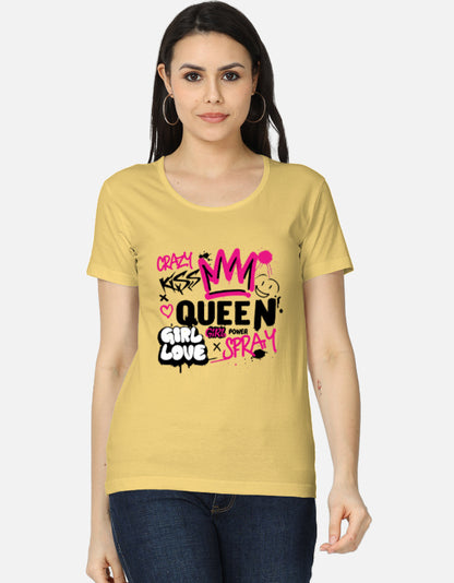 Alpha hue queen print t-shirt for women in yellow with colorful graffiti-style design