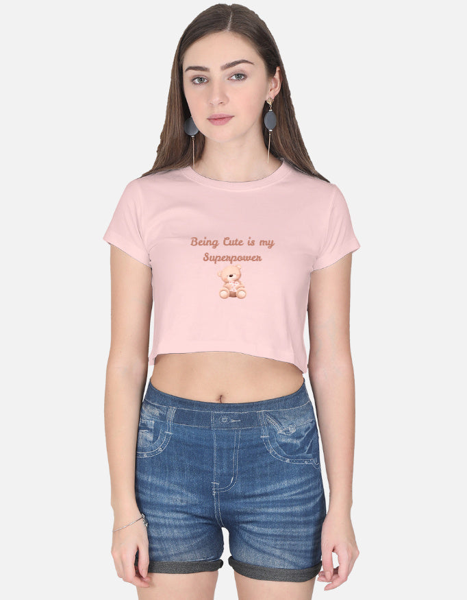 Alpha Hue pink summer crop top for girls with teddy bear graphic and text being cute is my superpower