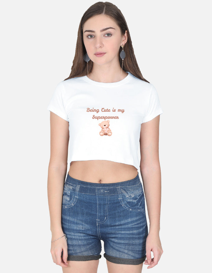 Alpha hue white summer crop top for girls with teddy bear print and cute slogan worn with denim shorts