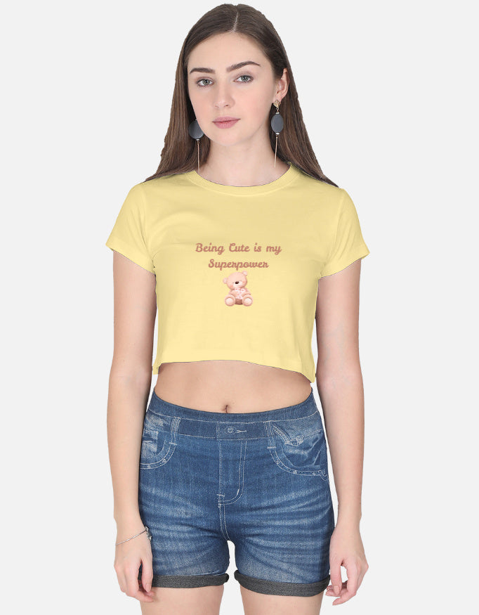 Alpha Hue yellow summer crop top for girls with cute teddy bear and text design