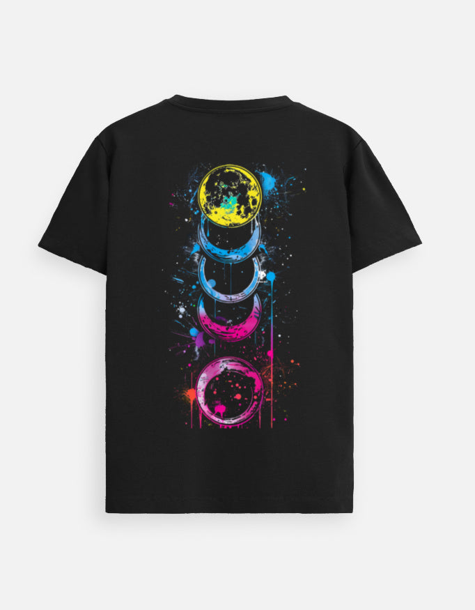 Alpha Hue black Supima cotton t-shirt for men with colorful moon phase graphic on back