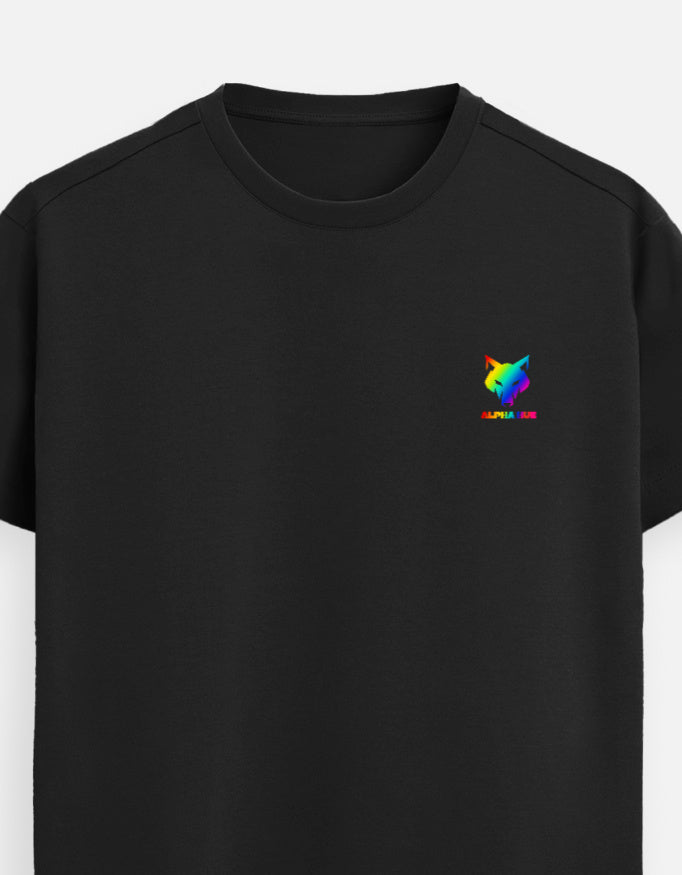 Black alpha hue Supima cotton t-shirt for men with colorful small logo on chest