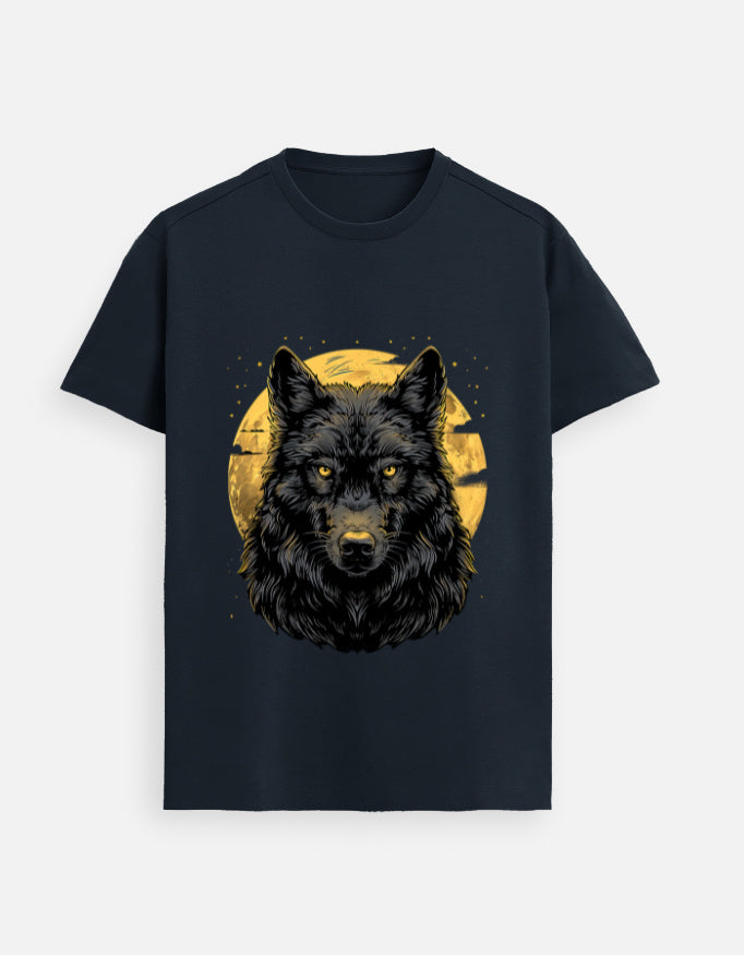 Alpha hue unisex supima cotton t shirt for men with black wolf graphic and yellow moon background