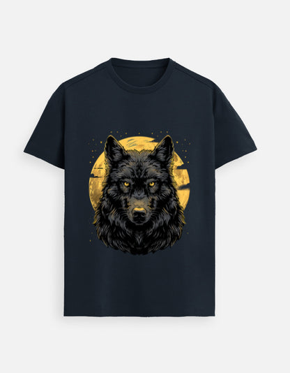 Alpha hue unisex supima cotton t shirt for men with black wolf graphic and yellow moon background