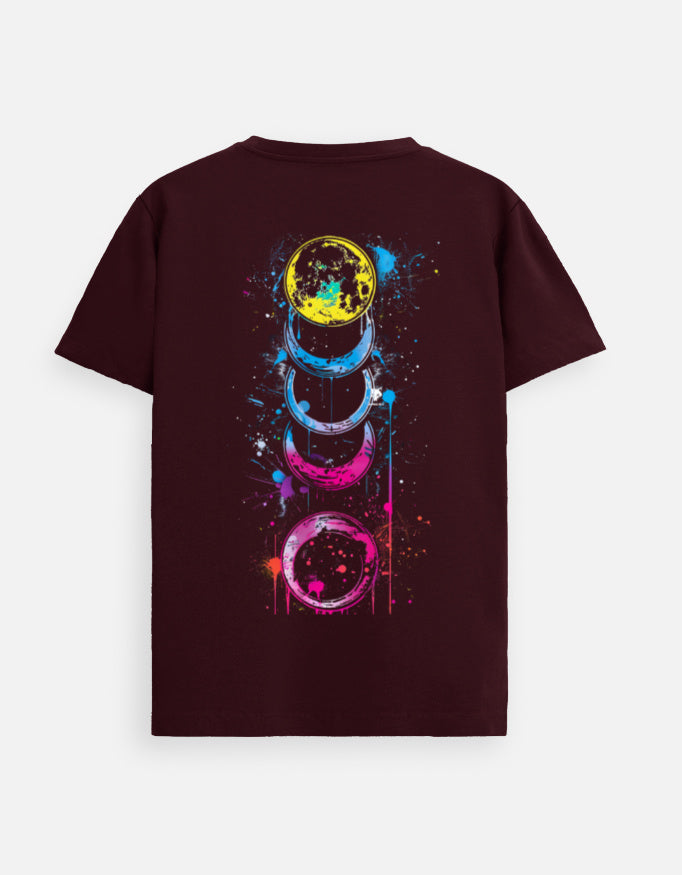 Alpha Hue men Supima cotton t-shirt with colorful moon phase graphic on the back in dark maroon