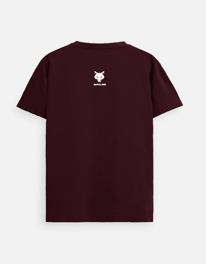 Alpha Hue burgundy unisex supima cotton t shirt for men with small white logo on the back