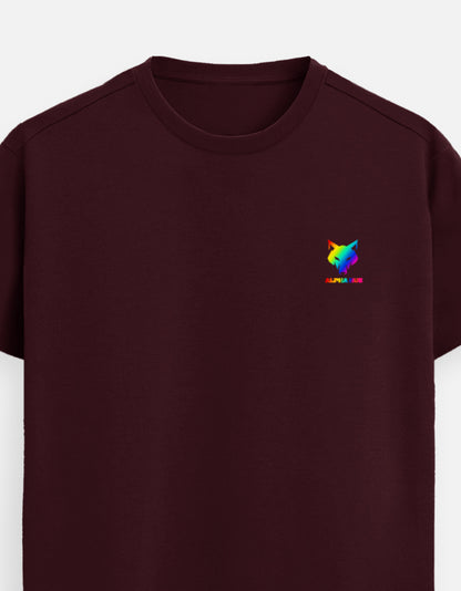Alpha hue maroon Supima cotton t-shirt for men with rainbow logo embroidery on chest