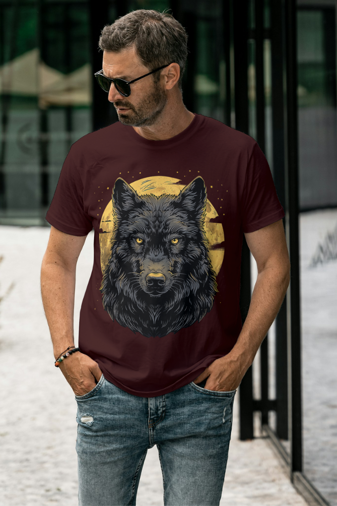 Unisex alpha hue supima cotton t shirt for men in maroon with graphic black wolf design