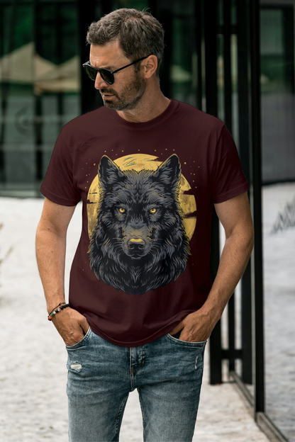 Unisex alpha hue supima cotton t shirt for men in maroon with graphic black wolf design