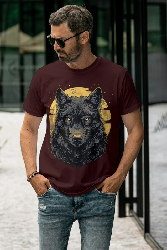 Unisex alpha hue supima cotton t shirt for men in maroon with graphic black wolf design
