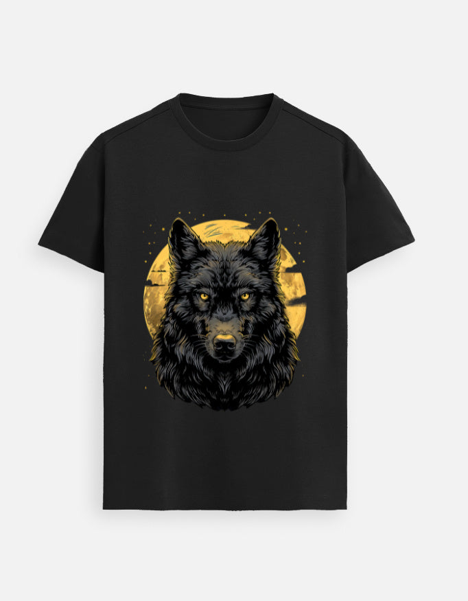 Alpha Hue unisex black supima cotton t shirt for men with detailed black wolf graphic and yellow moon background